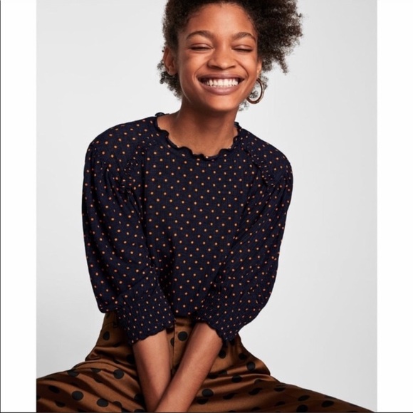 Zara Tops - Zara navy blue orange polka dot